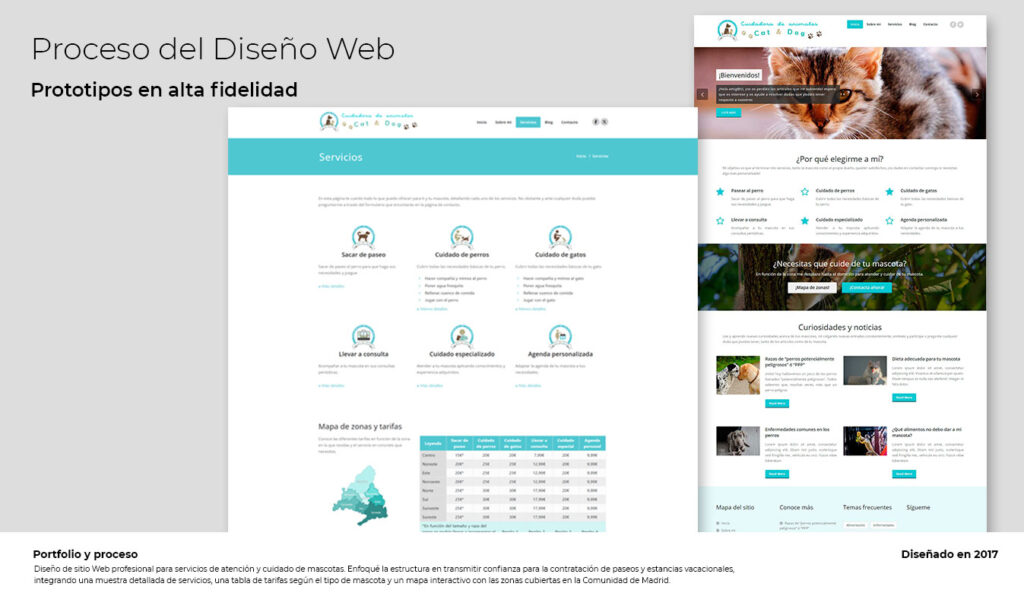 Resultado del proceso de prototipos en alta fidelidad - Servicios de atención y cuidado para mascotas, mapa interactivo junto con tabla precios zona tipo mascota
