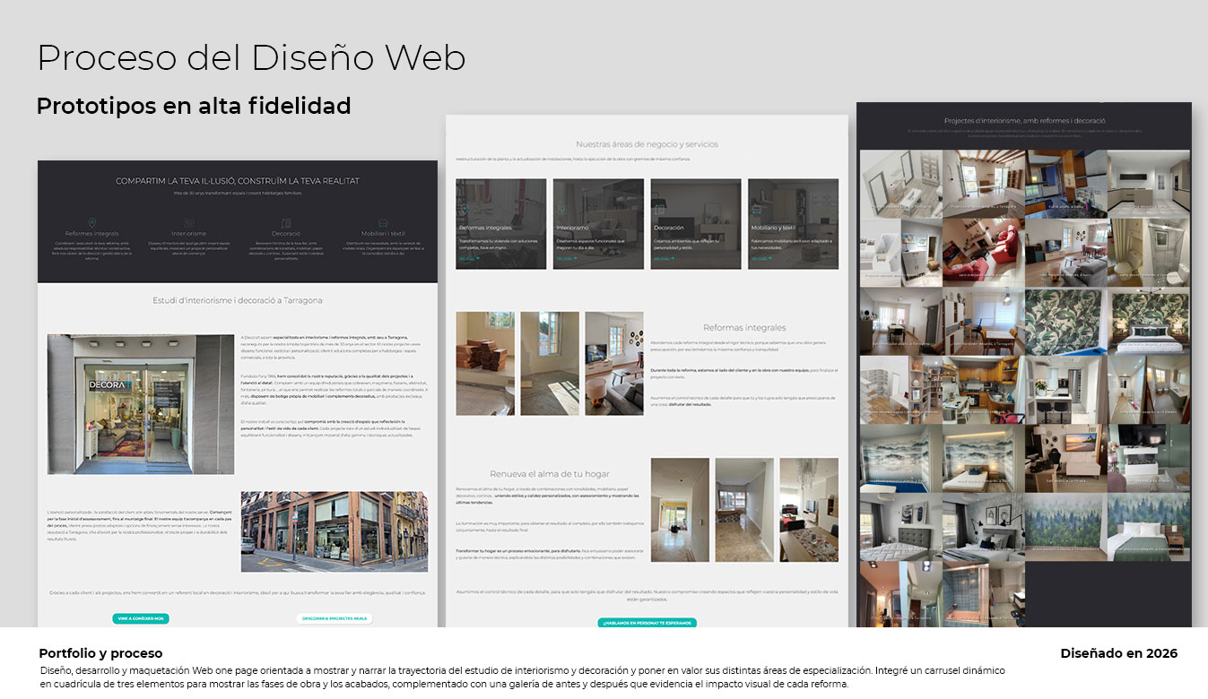 Resultado del proceso, prototipos alta fidelidad, historia, áreas de trabajo, galerías antes y después