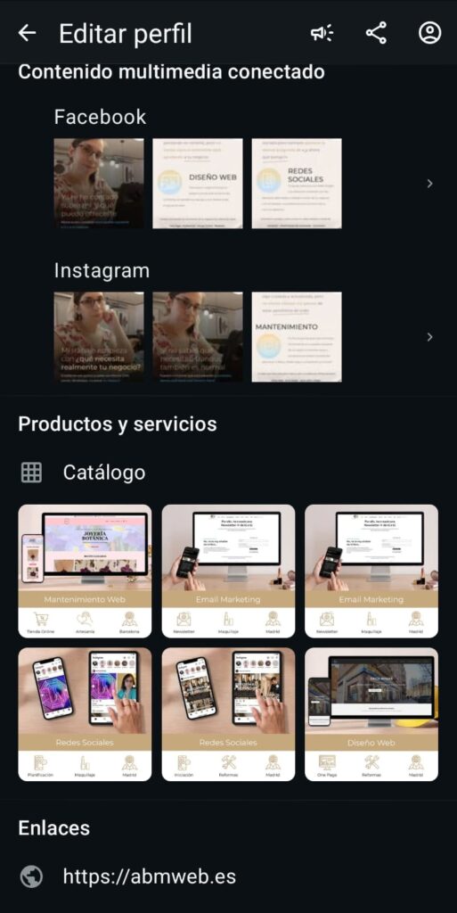 WhatsApp Business App, Catálogo de productos y servicios (Tema Oscuro)