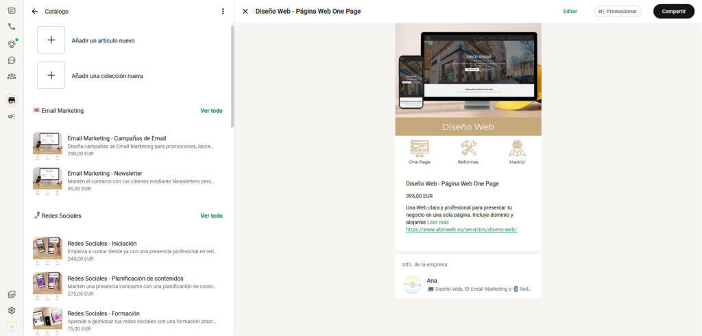 WhatsApp Business Web, Catálogo de productos y servicios