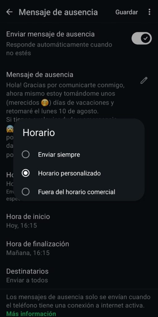 WhatsApp Business App, Mensajes de ausencia (Tema Oscuro en móvil)