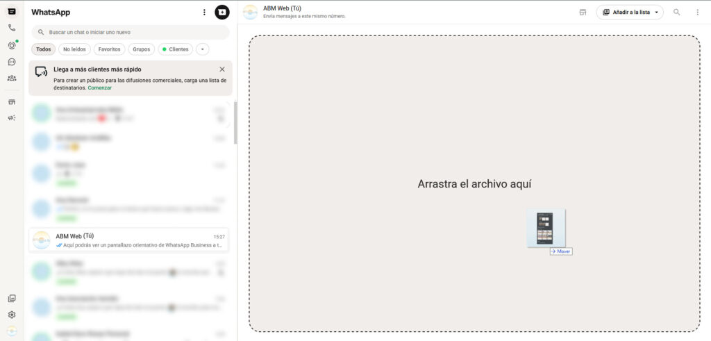 WhatsApp Business Web, mover y arrastrar